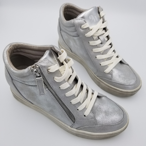 Nine West Shoes - NWOT Nine West Tons3 High Top Hidden Wedge Sneakers, Distressed Silver, Size 8.5